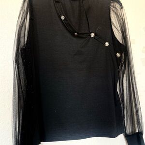 Chic Black Top with Sheer Sleeves and Embellishments